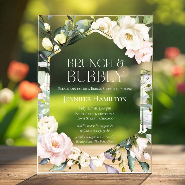Brunch and Bubbly | Boho Floral Bridal Shower Acrylic Invitations (Creator Uploaded)
