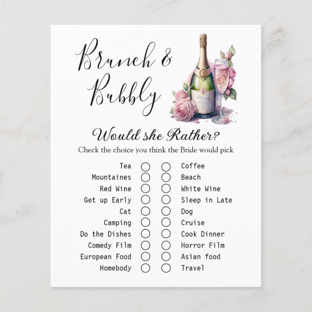 Brunch and Bubbly Bridal Shower Game Card (Front)