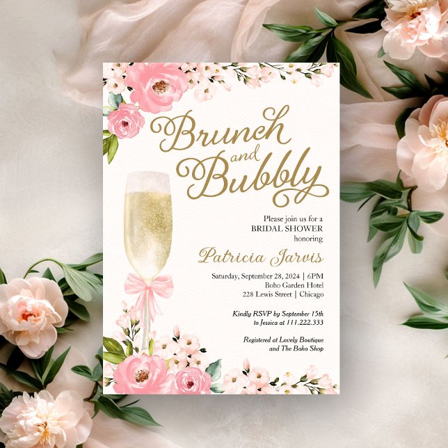 Brunch And Bubbly Bridal Shower Gold Pink Floral  Invitation (Creator Uploaded)