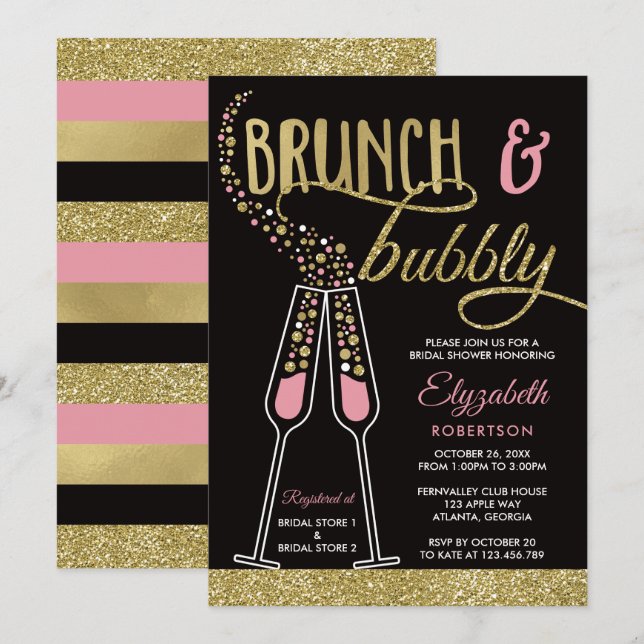 Brunch and Bubbly Bridal Shower Invite, Faux Gold Invitation (Front/Back)