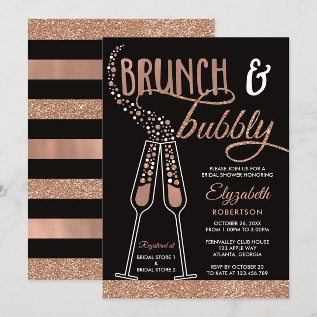 Brunch and Bubbly Bridal Shower Invite, Faux Gold Invitation (Front/Back)