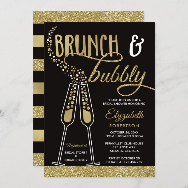 Brunch and Bubbly Bridal Shower Invite, Faux Gold Invitation (Front/Back)