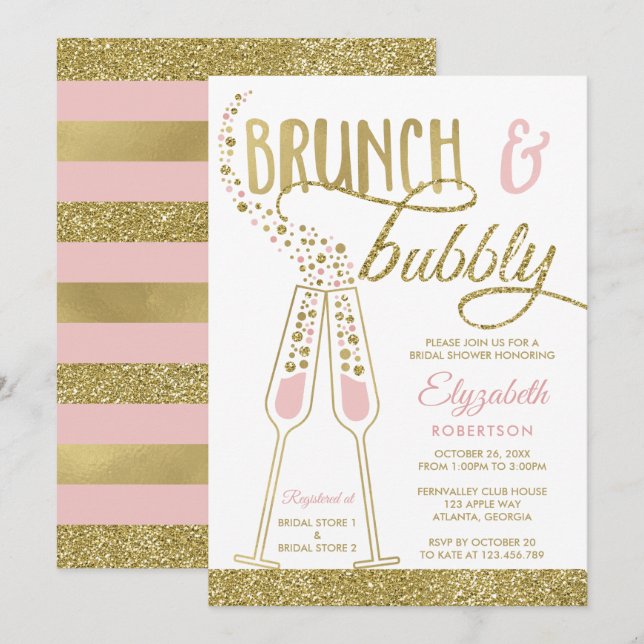 Brunch and Bubbly Bridal Shower Invite, Faux Gold Invitation (Front/Back)