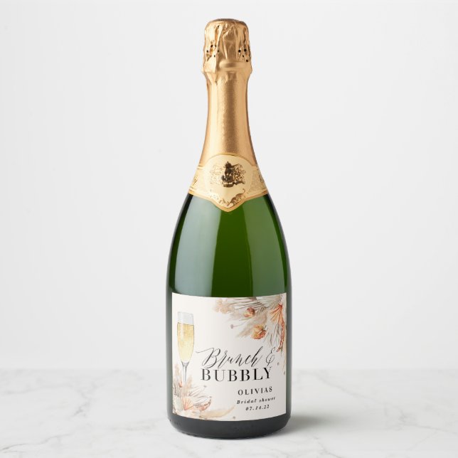 brunch and bubbly Bridal shower pampas grass Champ Sparkling Wine Label (Front)