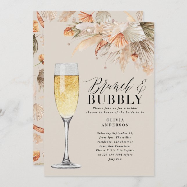 brunch and bubbly Bridal shower pampas grass Invitation (Front/Back)