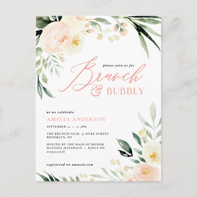 brunch and bubbly Bridal shower peach watercolor Postcard (Front)