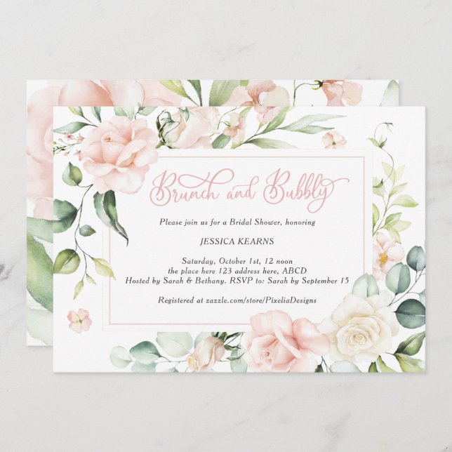 Brunch and bubbly bridal shower pink floral invitation (Front/Back)
