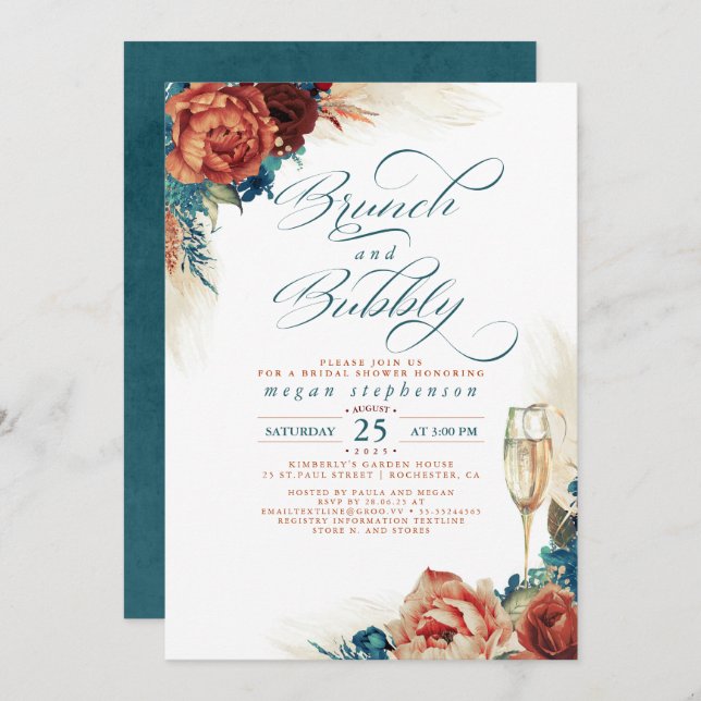 Brunch and Bubbly Bridal Shower Terracotta Teal Invitation (Front/Back)