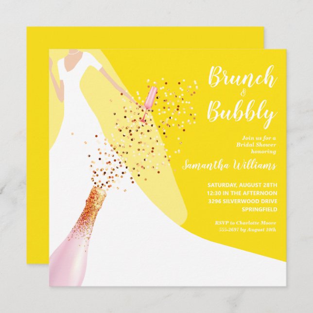 Brunch and Bubbly Bridal Shower Yellow Invite (Front/Back)