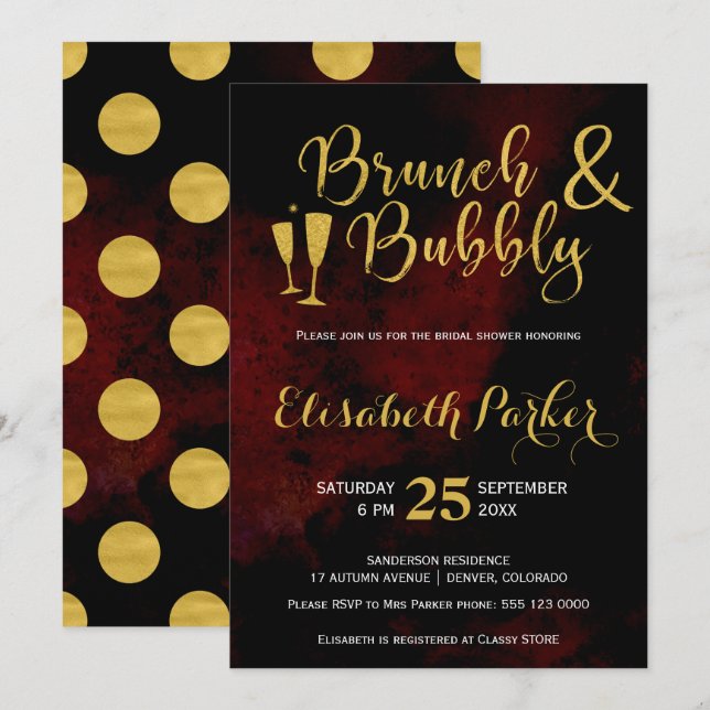 Brunch and bubbly burgundy glam gold bridal shower invitation (Front/Back)