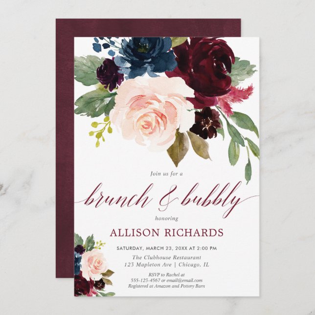 Brunch and bubbly burgundy navy blue floral bridal invitation (Front/Back)