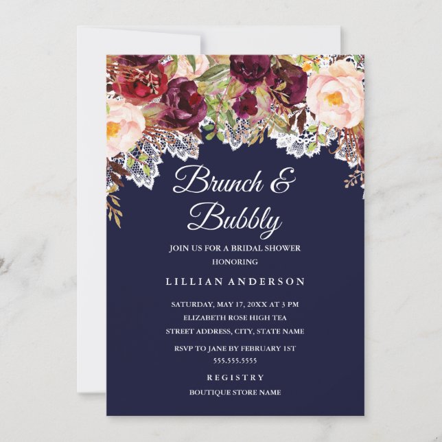Brunch And Bubbly Burgundy Navy Bridal Shower Invitation (Front)