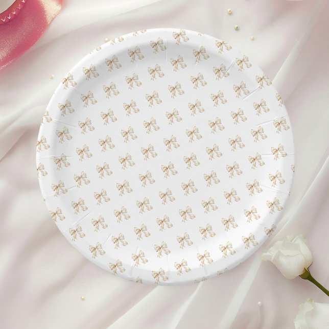 Brunch and Bubbly Champagne Bow Bridal Shower Paper Plate (Brunch and Bubbly Champagne Bow Bridal Shower Paper Plates on a table with a white rose.)