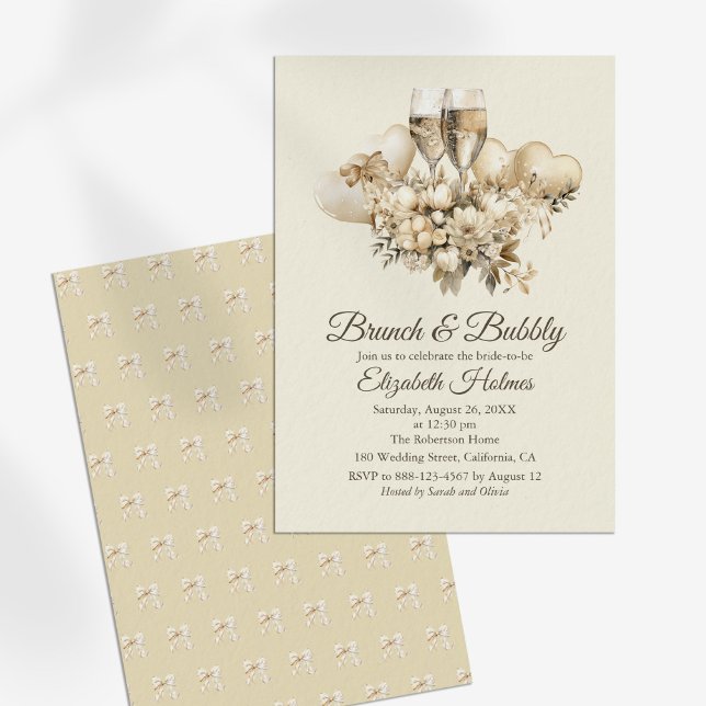 Brunch and Bubbly Champagne Flowers Bridal Shower Invitation (Brunch and Bubbly Champagne Flowers Bridal Shower Invitation on a sunny white table.)