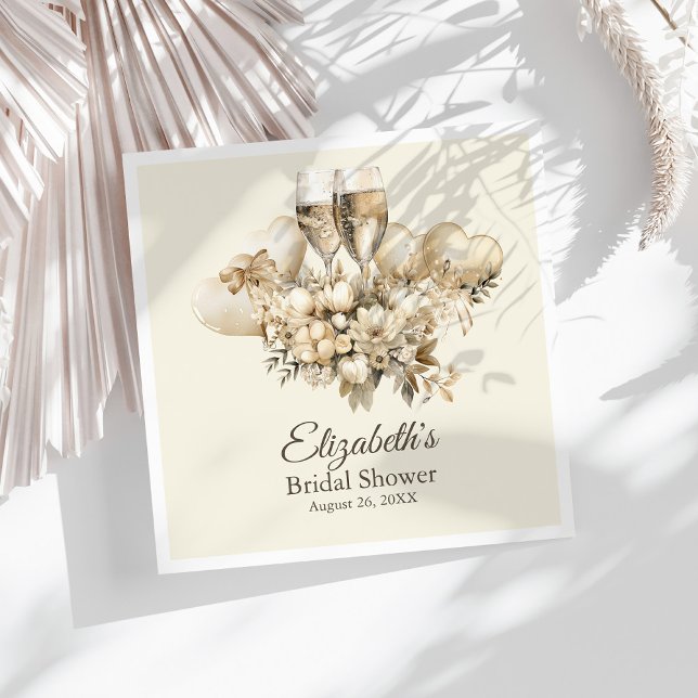 Brunch and Bubbly Champagne Flowers Bridal Shower Napkin (Brunch and Bubbly Champagne Flowers Bridal Shower Napkins on a sunny white table.)