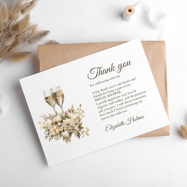 Brunch and Bubbly Champagne Flowers Bridal Shower Thank You Card (Brunch and Bubbly Champagne Flowers Bridal Shower Thank You Card on a boho white table.)
