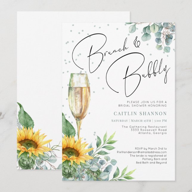 Brunch and Bubbly Elegant Sunflower Bridal Shower Invitation (Front/Back)