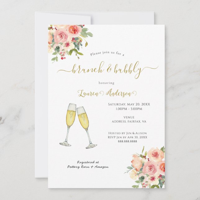 Brunch And Bubbly Floral Bridal Shower Invitation (Front)