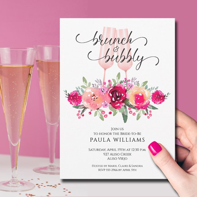 Brunch and Bubbly Floral Bridal Shower Invitation (Brunch and Bubbly champagne flutes and floral bridal shower invitations,  INSTANT DOWNLOAD / PRINTED)