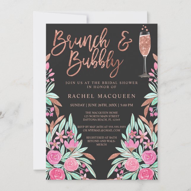 Brunch and Bubbly Floral Glitter Bridal Shower Invitation (Front)