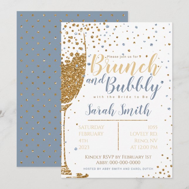 Brunch and Bubbly gold glitter_dusty blue Invitation (Front/Back)