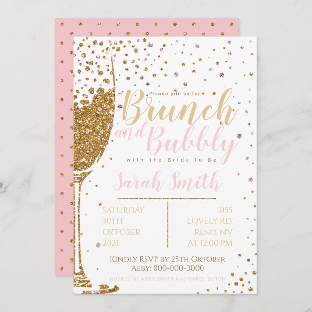 Brunch and Bubbly gold glitter with dotted back Invitation (Front/Back)