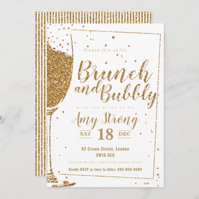 Brunch and Bubbly gold glitter with striped back Invitation (Front/Back)