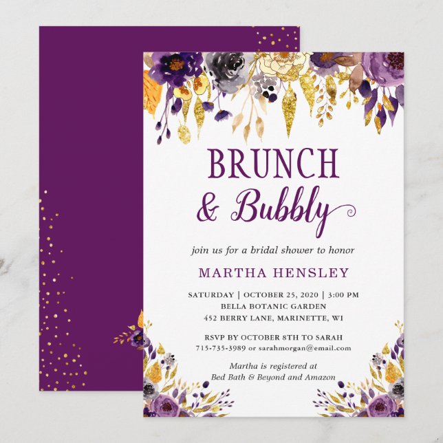 Brunch and Bubbly Gold Glitters Dots Purple Floral Invitation (Front/Back)
