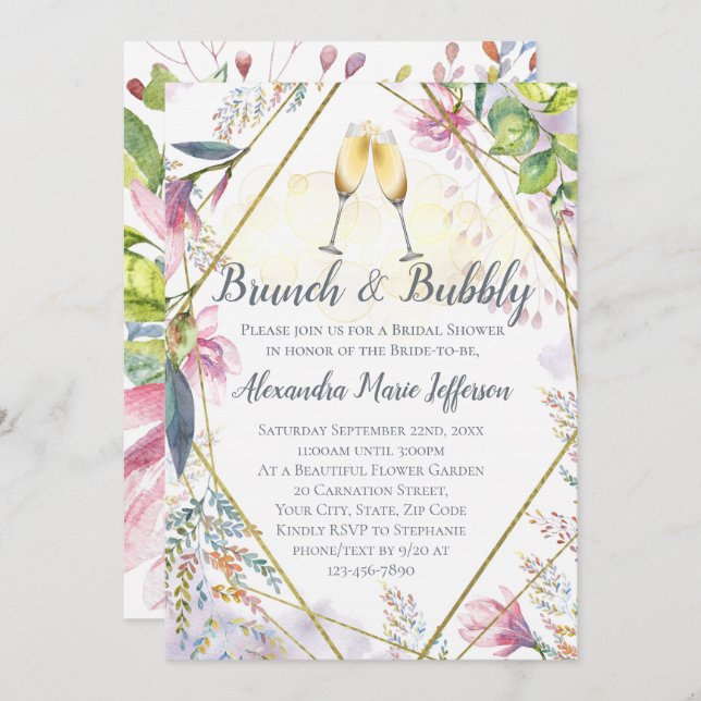 Brunch and Bubbly Green Pink Lily Bridal Shower Invitation (Front/Back)
