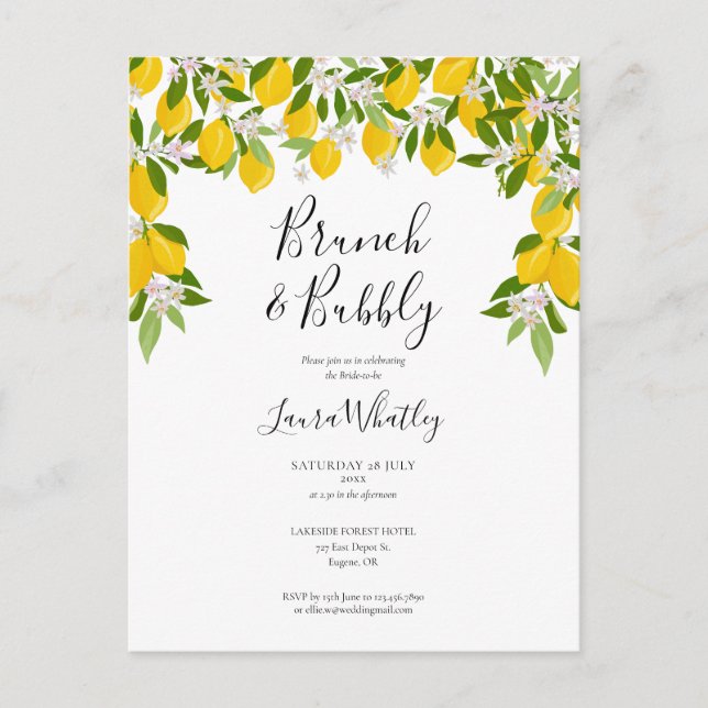 Brunch and Bubbly Lemons Greenery Bridal Shower Announcement Postcard (Front)