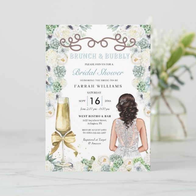 Brunch and Bubbly Mint Green Cacti Bridal Shower Invitation (Standing Front)