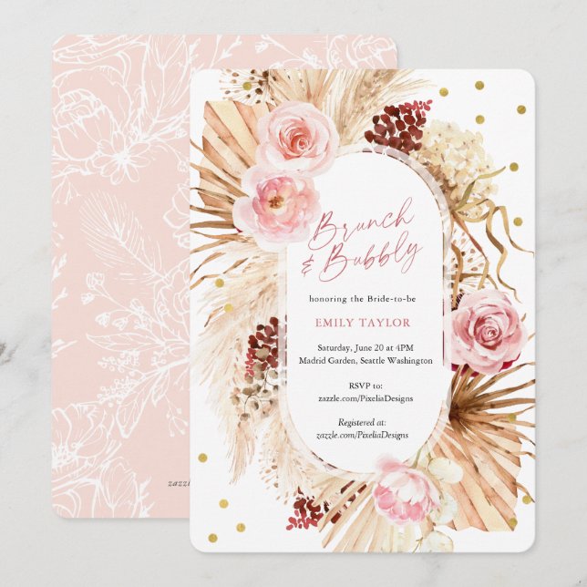 Brunch and Bubbly Modern Boho Pink Floral Bridal Invitation (Front/Back)