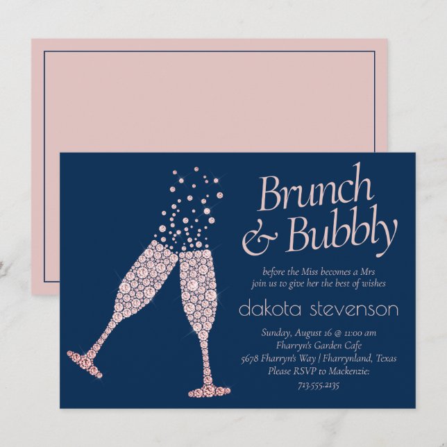 Brunch and Bubbly | Navy Blue Blush Pink Shower Invitation (Front/Back)
