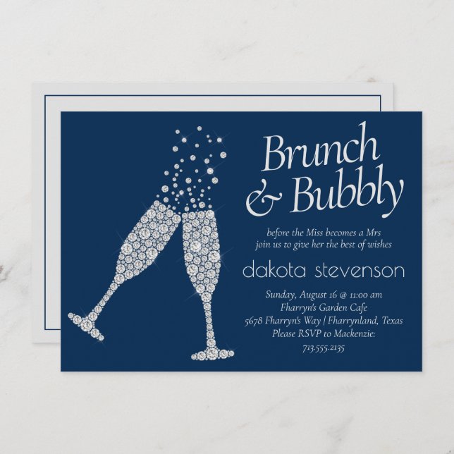 Brunch and Bubbly | Navy Blue Silver Gray Shower Invitation (Front/Back)