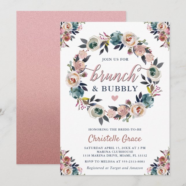 Brunch and Bubbly Navy Dusty Pink Bridal Shower Invitation (Front/Back)