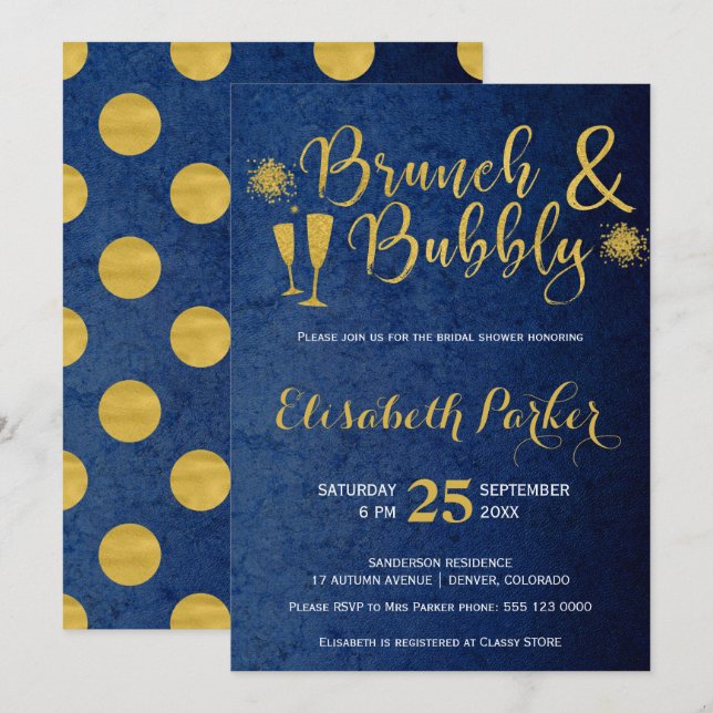 Brunch and bubbly navy glam gold bridal shower invitation (Front/Back)