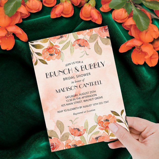 Brunch and Bubbly Orange Floral Bridal Shower Invitation (Brunch and Bubbly orange floral bridal shower invitations)