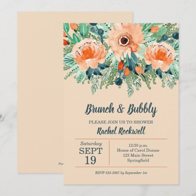 Brunch and Bubbly Peach Floral Bridal Shower (Front/Back)