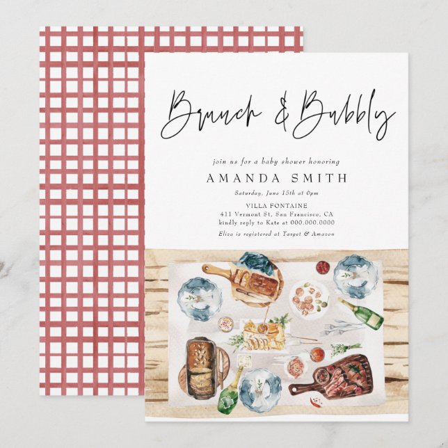 Brunch and Bubbly Picnic BBQ Red Plaid Baby Shower Invitation (Front/Back)