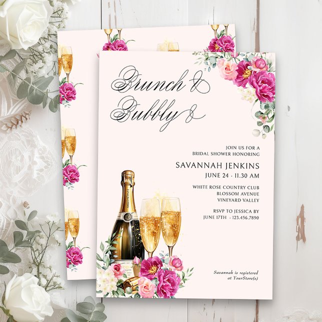 Brunch and Bubbly Pink Champagne Bridal Shower Invitation (Brunch & Bubbly Champagne Bridal Shower Invitation on blush pink)