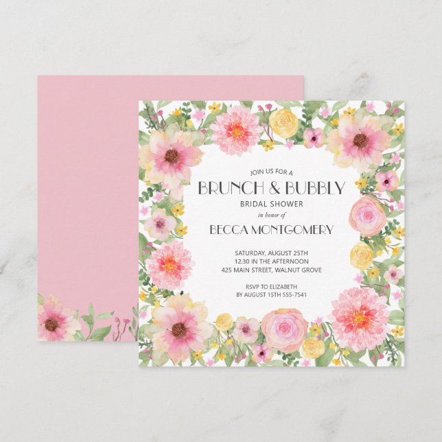 Brunch and Bubbly Pink Floral Bridal Shower Invitation (Front/Back)