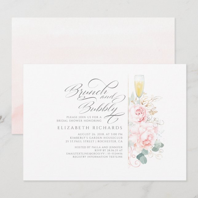 Brunch and Bubbly Pink Floral Bridal Shower Invitation (Front/Back)