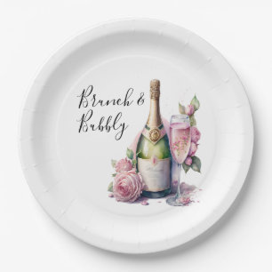Brunch and Bubbly Pink Floral Bridal Shower  Paper Plate