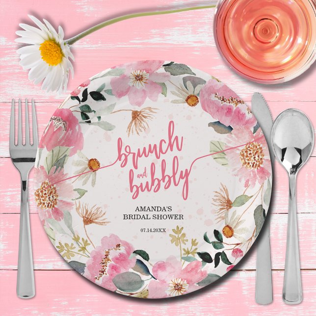Brunch and Bubbly Pink Floral Bridal Shower Paper Plate (Brunch and bubbly pink watercolor floral bridal shower paper plates)