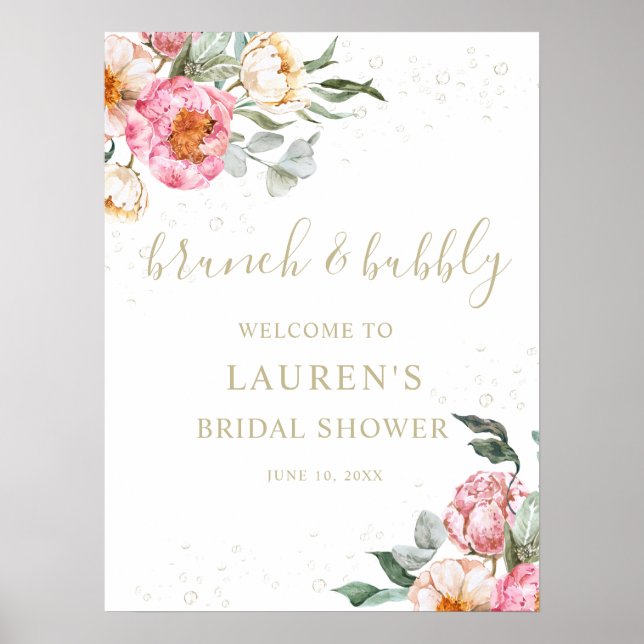 Brunch and Bubbly Pink Floral Bridal Shower Sign  (Front)