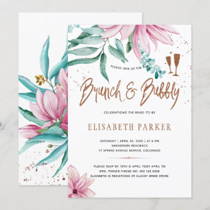 Brunch and bubbly pink floral glam bridal shower invitation