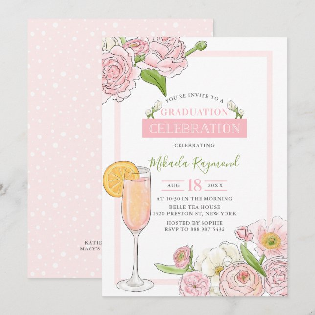 Brunch and Bubbly | Pink Floral Graduation Party Invitation (Front/Back)