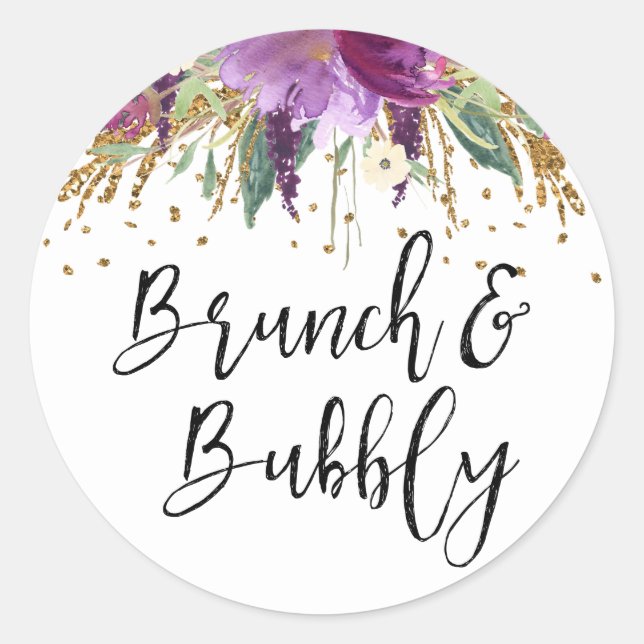 Brunch and Bubbly Purple Amethyst Bridal Shower Classic Round Sticker (Front)