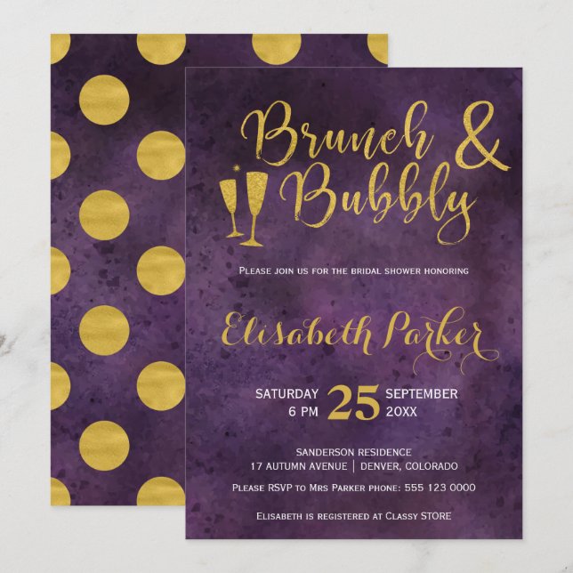 Brunch and bubbly purple glam gold bridal shower invitation (Front/Back)