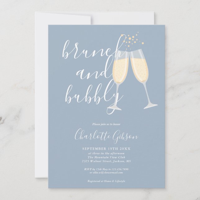 Brunch And Bubbly QR Code Dusty Blue Bridal Shower Invitation (Front)